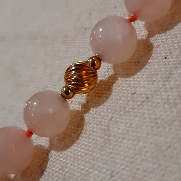 Rose Quartz and Gold Beaded Necklace, Hand Knotted Pink Stone Necklace - Picture 4 of 4